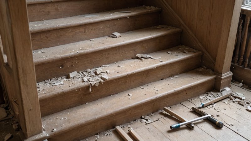 trappereparasjon, DIY hjemmeforbedring, hjemmevedlikehold, fikse trapper, hjemmeoppussing