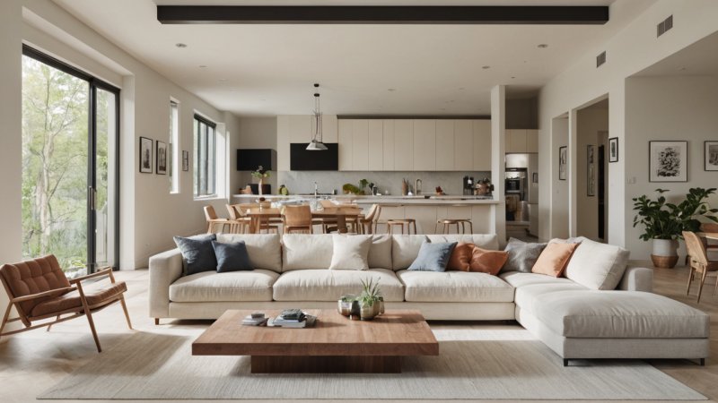 åpent rom design, interiørtips, hjemmeforbedring, naturlig lys, fargepalett, møblering